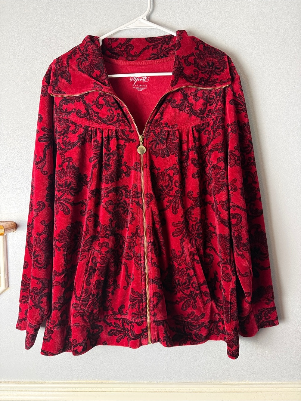 Style & Co. Red Velvet Zip Jacket with Black Scroll Motif